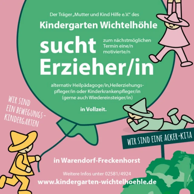 Wir suchen zum nächstmöglichen Termin eine neue Kollegin oder einen neuen Kollegen, in Vollzeit, der unser tolles Team unterstützen möchte ! Bei Interesse oder Fragen melde dich gern bei uns !!!
www.Kindergarten-Wichtelhoehle.de  Wichtelhoele@mutter-kind-hilfe.de  #Stellenanzeige